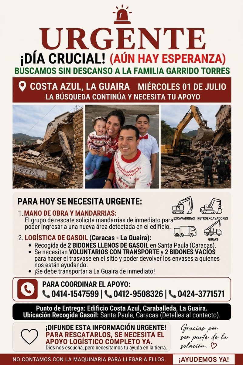 sofidot_'s tweet photo. @arantxalopezc 🚨 ¡URGENTE! Seguimos buscamos a la familia Garrido Torres en 📍 Res. Costa Azul, La Guaira. Necesitamos apoyo logístico HOY: 1️⃣ Mandarrias (urgente) 2️⃣ Gasoil en Santa Paula (Caracas) + voluntarios con transporte. Info al 0414-1547599 / 0412-9508326 / 0424-3771571 https://t.co/oC4nxzJQIm
