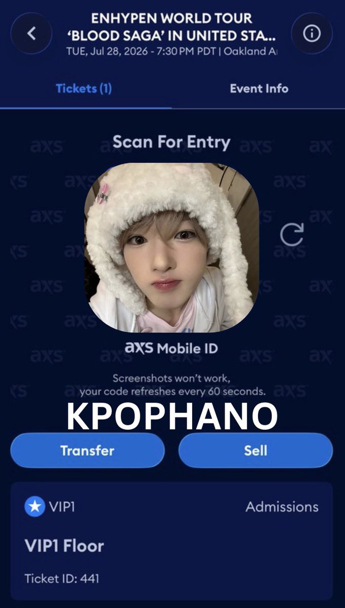 KpopHano's tweet photo. wts / nft
one vip1 blood saga package ticket for enhypen in Oakland D1!
dm me your offer if you're interested!
RFS: got vip1 for Vegas!
I can call during transfer and provide proof! https://t.co/ZksAkAi6sP