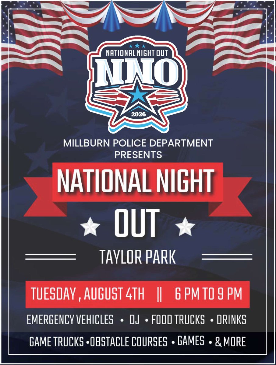millburntwp's tweet photo. Save the Date for National Night Out on Tuesday, August 4 at Taylor Park.

Join the Millburn Police Department for a night of free family fun with food, music, games and more https://t.co/gXhx9S4UXr