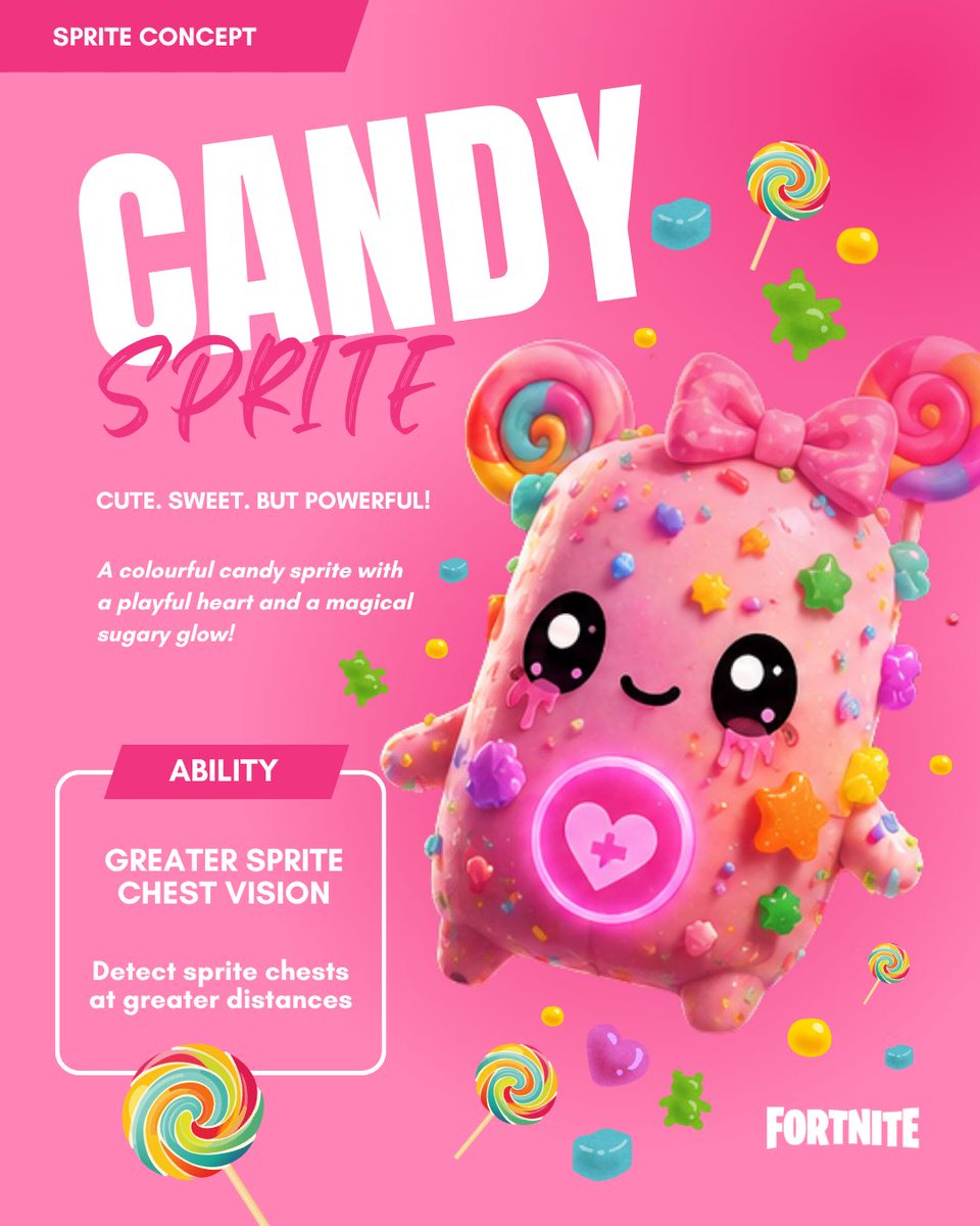 Jordan_Jodene's tweet photo. This is my Sprite concept, the cutest Candy Sprite! I wanted to create something cute and pink! The perk is also what I think would help us all in game to locate chests. 

This is my original design concept, I have used AI to create the final image version.

#DesignASprite https://t.co/9kJjyTtuQT