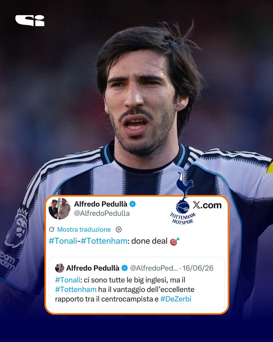 tvdellosport's tweet photo. #TONALI-#TOTTENHAM: AFFARE FATTO🎯
Come riportato da @AlfredoPedulla , Sandro Tonali sarà un nuovo centrocampista del Tottenham. A fare la differenza, come svelato il 16 giugno, è stato il pressing di De #Zerbi. https://t.co/p2hgHjGQ73