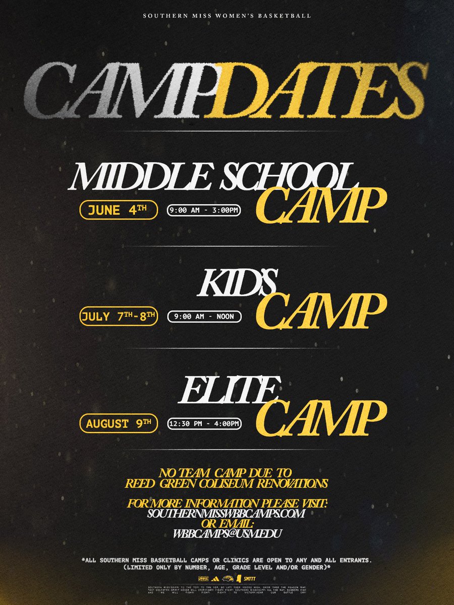 SouthernMissWBB's tweet photo. There's still time to sign up for our final two camps!

Kids Camp is next week (July 7-8) and Elite Camp is on August 9.

Sign up today by visiting https://t.co/tz8SYwXbTA or by emailing wbbcamps@usm.edu

#ELEVATE | #SMTTT https://t.co/w1WlwyH201