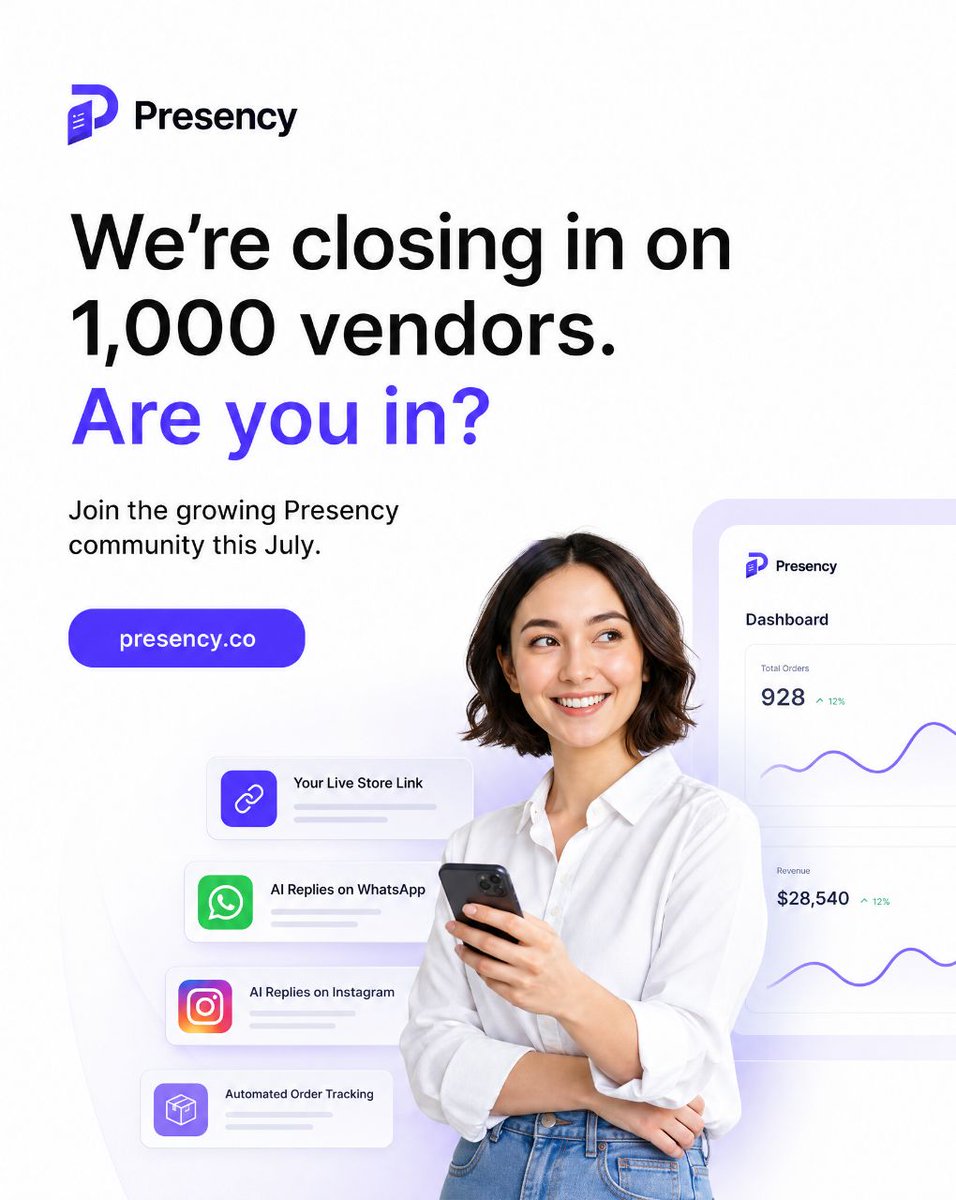 presencyltd's tweet photo. Almost 1,000 vendors are growing with Presency.
One link. More sales. Smarter conversations. Join us today.
#Presency #SellOnline #SmallBusiness #BusinessGrowth #WhatsAppBusiness #InstagramBusiness #Ecommerce #Entrepreneur #GrowWithPresency https://t.co/Ortpx0ewlj