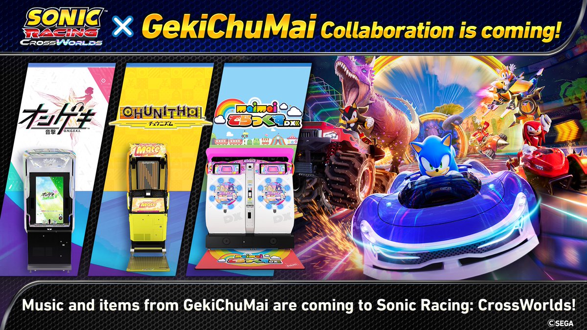 RaceCrossWorlds's tweet photo. Sonic Racing: CrossWorlds
×
Sega Rhythm Games Collaboration 🎶

Popular tracks and exclusive collaboration decals from CHUNITHM, maimai, and ONGEKI are coming to CrossWorlds!

Log in after July 1st at 8:00 PM PT to grab yours. https://t.co/u9eHWEiM3Q