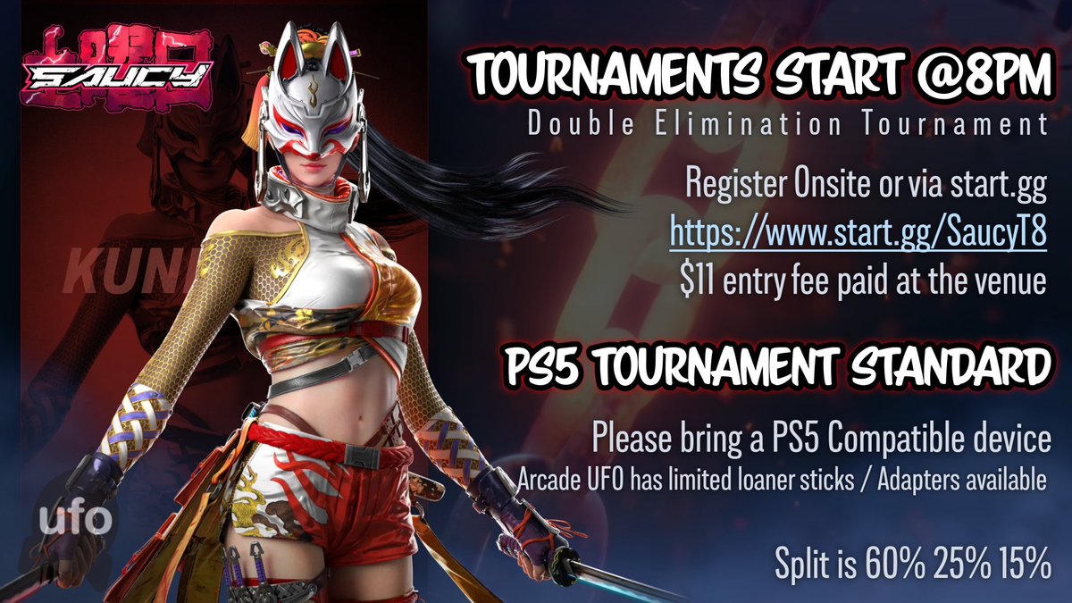 SaucyFGC's tweet photo. Saucy Saturday #106 TEKKEN 8 @arcadeufo 

📅7/4/2026 🕣8PM start time
🎮 Casuals available before and after bracket
📋Startgg in reply https://t.co/RzlK9orNBh