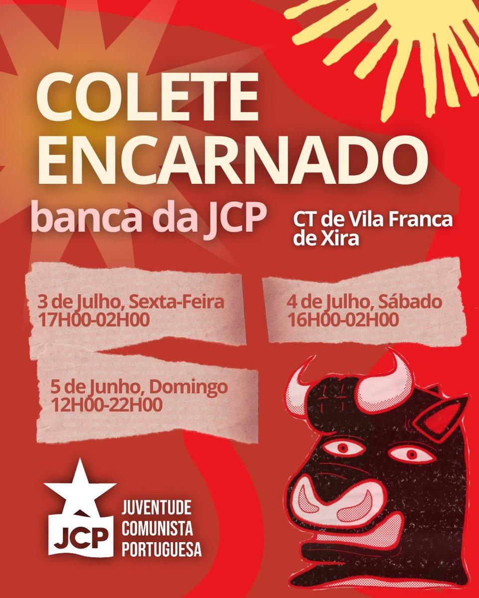 jcp_pt's tweet photo. A JCP estará presente nas festas do Colete Encarnado em Vila Franca de Xira.

Passa pela nossa banca! https://t.co/NePtzk3IOB