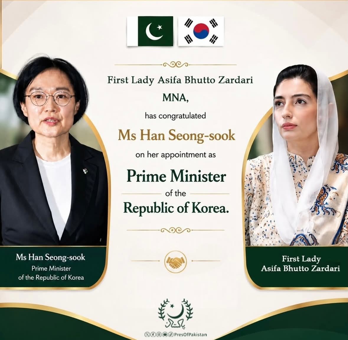 rizwanamemon375's tweet photo. First Lady MNA Bibi Aseefa Bhutto Zardari congratulates Korea’s new Prime Minister, reaffirming Pakistan’s commitment to warm bilateral ties. 🇵🇰 https://t.co/SHXyaSIHiX