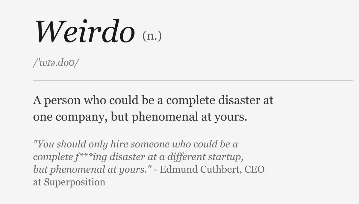 Edmund_Works's tweet photo. If your founding engineer would be equally successful at every other startup, you hired the wrong person.

Your best hire should be someone who'd be a total misfit anywhere else but phenomenal at yours. That's the whole point.

Recruiters suck at finding them. They bundle you with 5 other companies and run one generic LinkedIn search. 

They're incentivized to fill roles, not to find your perfect hire.

That's why we built Superposition. An AI agent that actually does the search a great recruiter should do but never will.

Hire a weirdo.