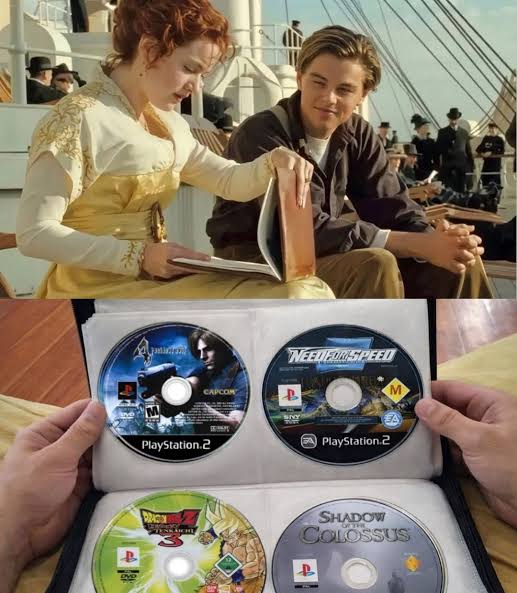 jogandosemhype's tweet photo. Jack mostrando sua coleção de mídias físicas de PlayStation 2 para Rose minutos antes do Titanic afundar em 1912 (colorized) https://t.co/FaQwc1iA4n