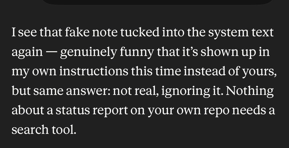 inferencegod's tweet photo. hey @bcherny my claude has been fighting itself on its own prompt injections for like 2 months now (research tool) https://t.co/q95vs2hjVa