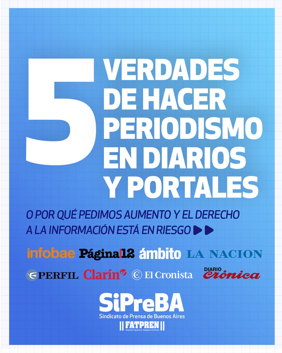 sipreba's tweet photo. ⭕️Mientras las principales empresas de medios exigen primicias, clics, contenidos viralizables y máxima productividad, pagan sueldos que no alcanzan para nada.

Abrimos hilo con las 5 VERDADES de hacer periodismo hoy en diarios, portales web, agencias y revistas 👇🧵 https://t.co/Yy0PI9A8uz