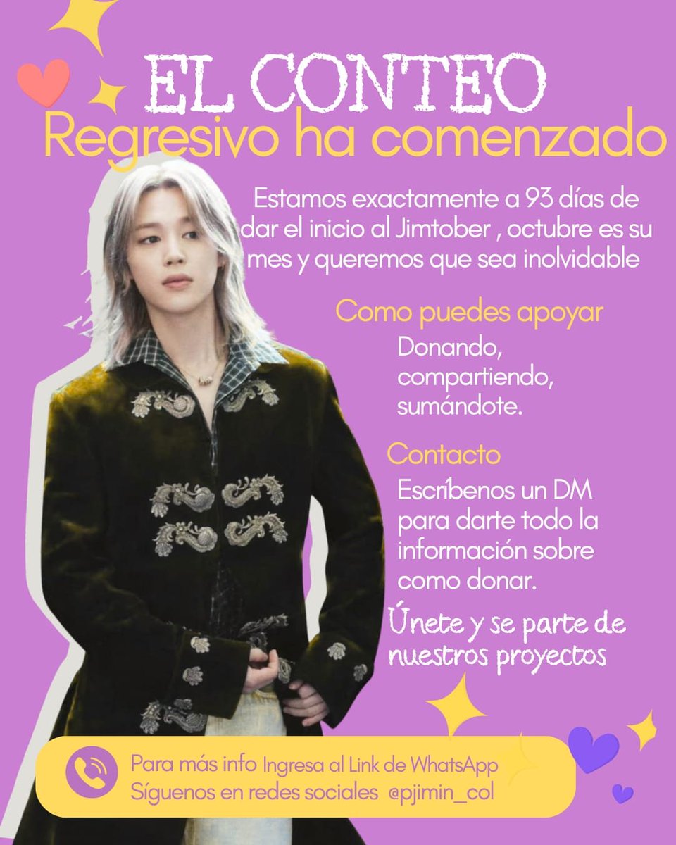 min1Mini3's tweet photo. 🚨 ¡El conteo regresivo ha comenzado!

Faltan 93 días para que inicie #Jimtober, el mes de Jimin, y queremos hacerlo inolvidable. 💛

Tú también puedes ser parte: ✨ Donando ✨ Compartiendo ✨ Sumándote a nuestros proyectos.

#JimtoberEnBogotá
#ElCampínLeCantaAJimin https://t.co/kEJ21RsUSy