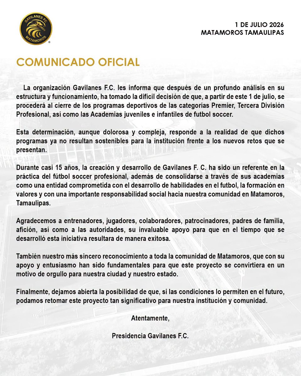 MxSemillero's tweet photo. 🚨 COMUNICADO OFICIAL 🚨
@FC_Gavilanes 🦅 se une a la lista, de proyectos que darán un paso al costado dentro del fútbol ⚽.
Anuncio de no seguir en #LigaPremierFMF y #LigaTDP así como categorías inferiores https://t.co/2s2vXz4b1C