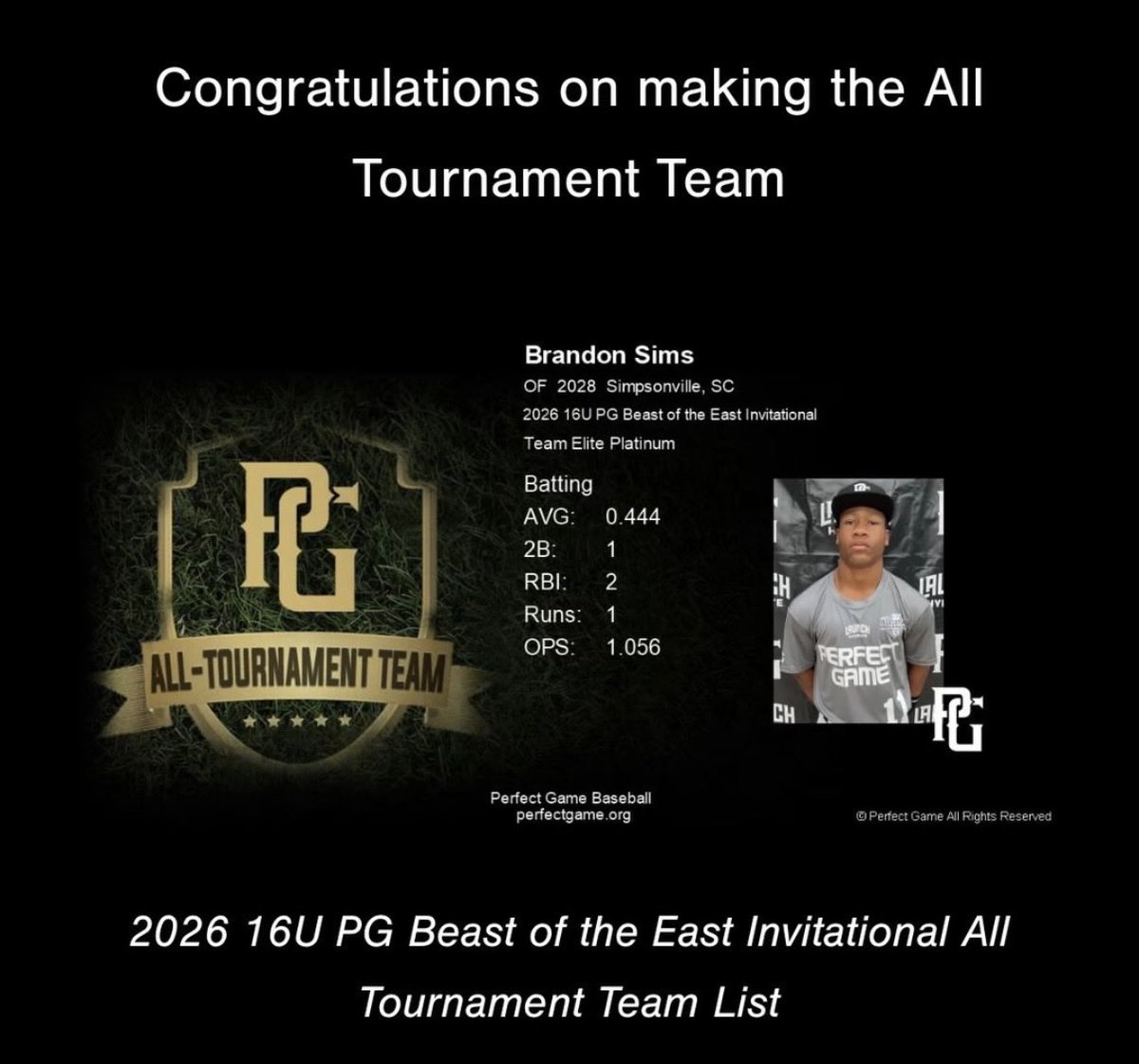 BrandonSim72033's tweet photo. Thanks @PG_Coastal &amp; @PG_Scouting for All Tournament Team for “Beast Of The East”. Looking forward to the 16U PG WWBA starting Monday in GA with the guys. @TeamElitePlat https://t.co/MCNjxZq1nm