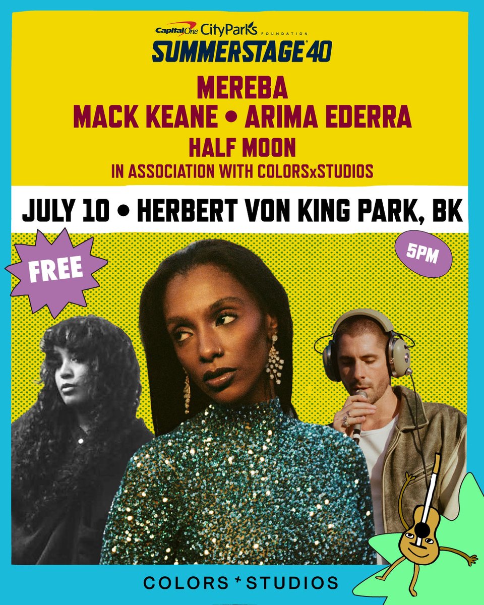 SummerStage's tweet photo. Coming up at #SummerStage! Catch a trio of cutting-edge artists on the cusp of breaking out in Herbert Von King Park on 7/10. This FREE show, in assoc. w/ @colorsxstudios, features @mereba, @mackkeane, @arimaederra, and @halfmoonbk. The show starts at 5PM https://t.co/6Ua0Tn23ru https://t.co/9NOfEIvfEV