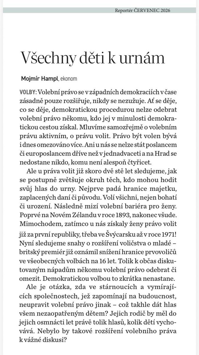 steidacz's tweet photo. Volební právo všem. Jsem pro a zařazuji to do Dekonstrukce státu.

Rodiče by měli mít tolik hlasů, kolik mají dětí. Hlasovali by za ně samozřejmě oni.

Plus bych upravil koncept plnoletosti. 

Plnoletí by byli jen ti, kdo se dokáží sami o sebe postarat.

Mělo by to zajímavé, až humorné konsekvence.