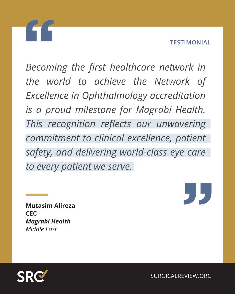 SurgicalRev's tweet photo. SRC is proud to recognize @MagrabiHealth as the world's first SRC-accredited #NetworkofExcellence in Ophthalmology.
Congratulations to the entire team on this historic achievement. By becoming the first, they are setting a new global benchmark for #ophthalmic care. https://t.co/BFE34BAUmw