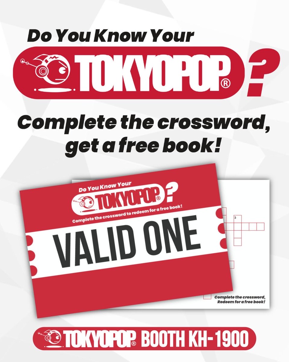 TOKYOPOP's tweet photo. Do You Know Your TOKYOPOP? 🤔🔍

Test your TOKYOPOP knowledge with our crossword puzzle! If you're a TOKYOPOP superfan, you can turn in your completed card on Sunday for a free book! 🤯📚

Not sure if you're a wiz, don't worry! Our browsing library has all the books you need to find the correct answers!
