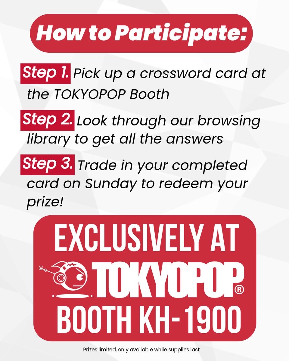 TOKYOPOP's tweet photo. Do You Know Your TOKYOPOP? 🤔🔍

Test your TOKYOPOP knowledge with our crossword puzzle! If you're a TOKYOPOP superfan, you can turn in your completed card on Sunday for a free book! 🤯📚

Not sure if you're a wiz, don't worry! Our browsing library has all the books you need to find the correct answers!