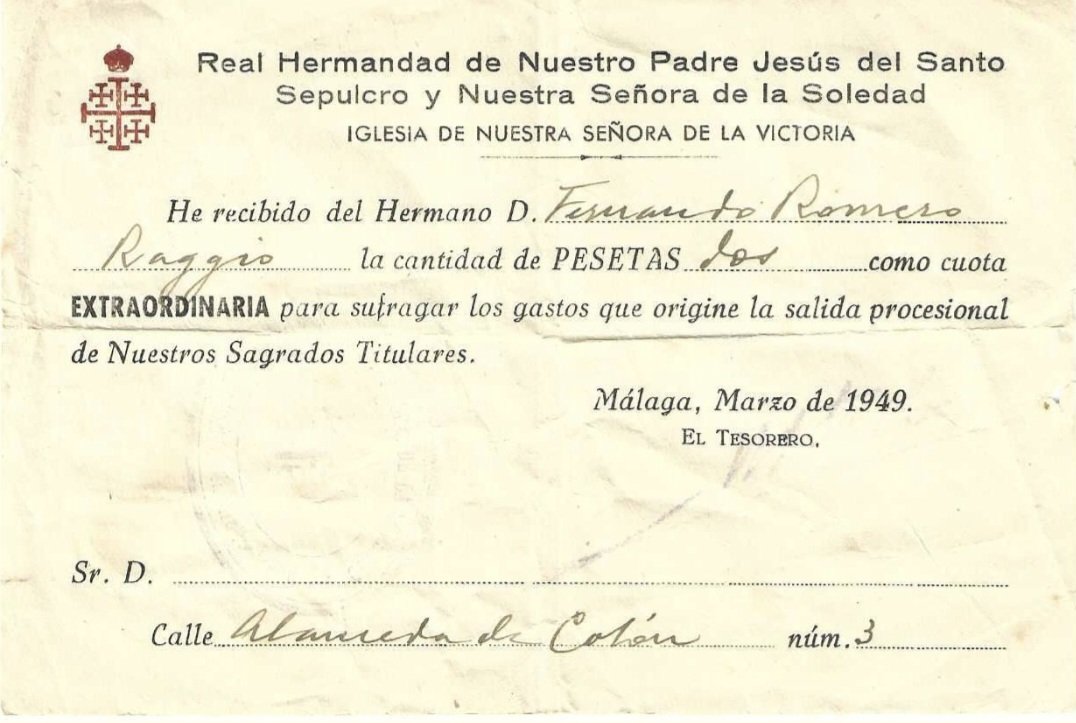 Sepulcromalaga's tweet photo. A lo largo de la historia de nuestras cofradías, ha sido fundamental la ayuda de los benefactores. Recuperamos el recibo de una donación de parte de D. Fernando Romero Raggio, miembro de una de las familias más ilustres de nuestra ciudad y de nuestra Semana Santa #Cofradíasmlg https://t.co/UAYp2YRZZc