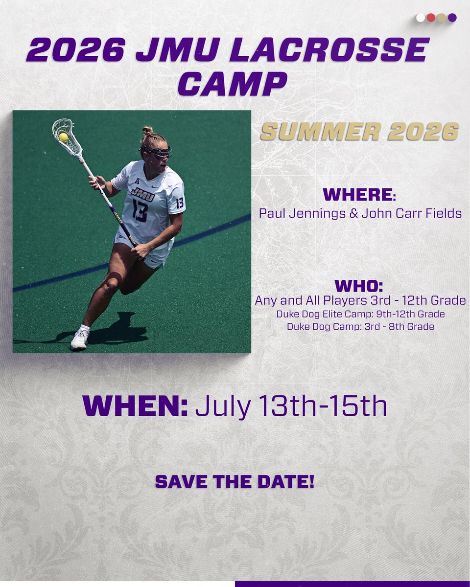 JMULacrosse's tweet photo. Don't miss your chance for July's JMU Lacrosse Camp. Register today!

ℹ️ https://t.co/XqMe2ldpyq

#GoDukes https://t.co/WSudpR5uHs