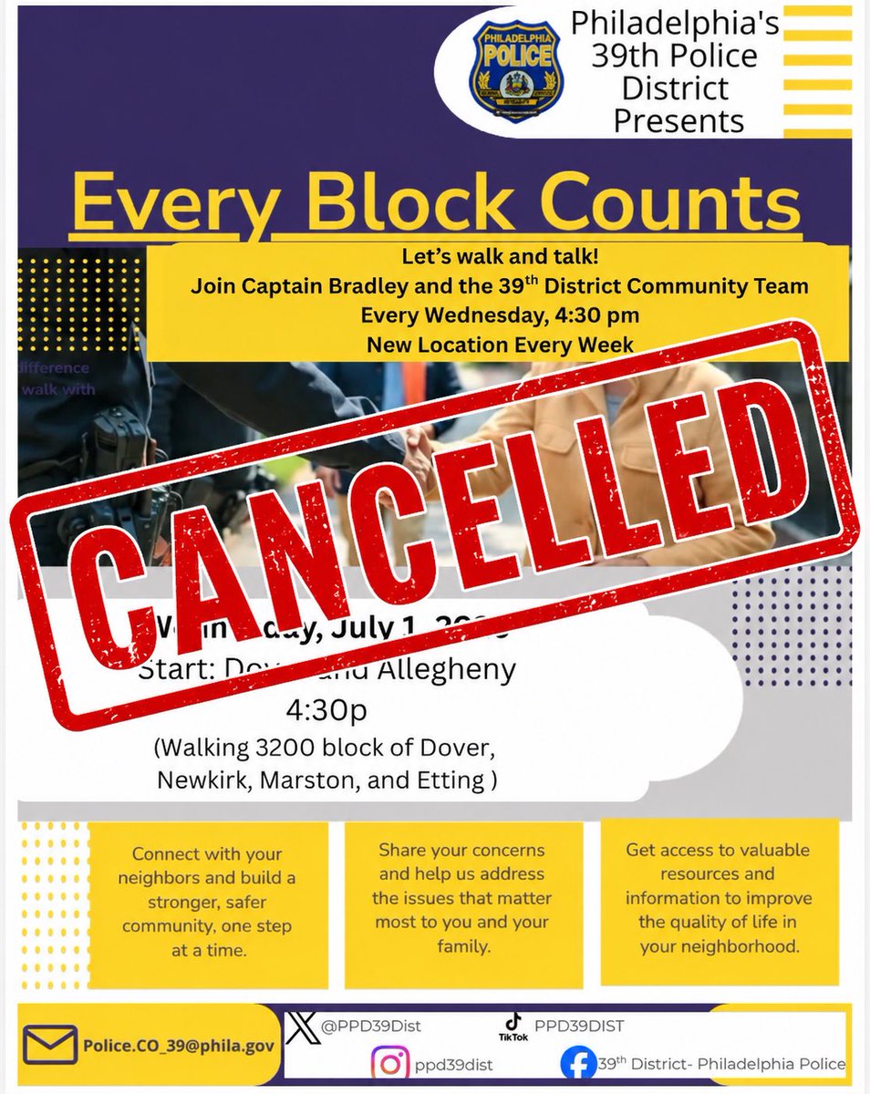 PPD39Dist's tweet photo. ALERT ❗️
Due to the extreme heat, today’s Every Block Counts event has been canceled. 🥵 ☀️ 

If you have any questions or need additional information, please contact our Community Team. Stay safe and keep cool.

39th District:  215-686-3390
Dionne Garrison-Hubert: 445-318-5579 https://t.co/El7VmnhNQu