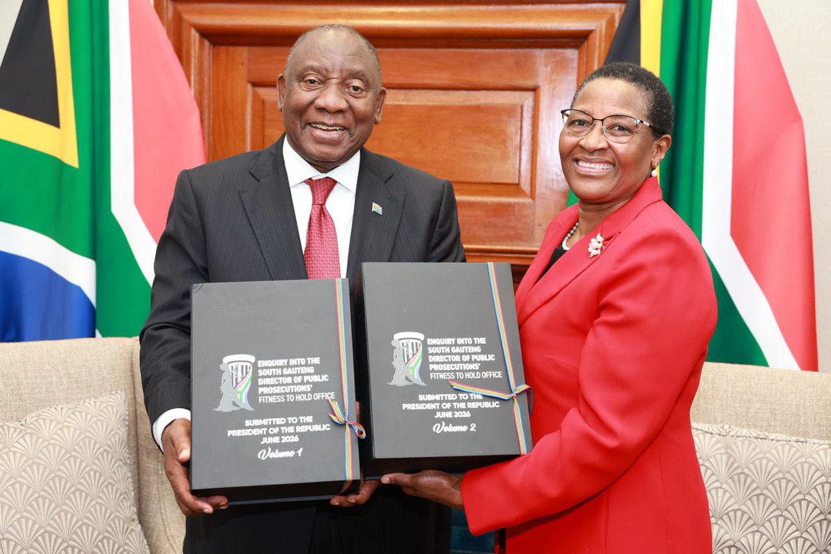 PresidencyZA's tweet photo. Retired Constitutional Court Justice Baaitse Elizabeth Nkabinde has today, Wednesday, 1 July 2026, presented to President @CyrilRamaphosa the report of the Enquiry into the Fitness to Hold Office of South Gauteng Director of Public Prosecutions Advocate Andrew Chauke.

President Ramaphosa established the Enquiry on 29 September 2025 in terms of section 12(6)(a) of the National Prosecuting Authority Act 32 of 1998.

🔗 https://t.co/NrW7H3NjKB