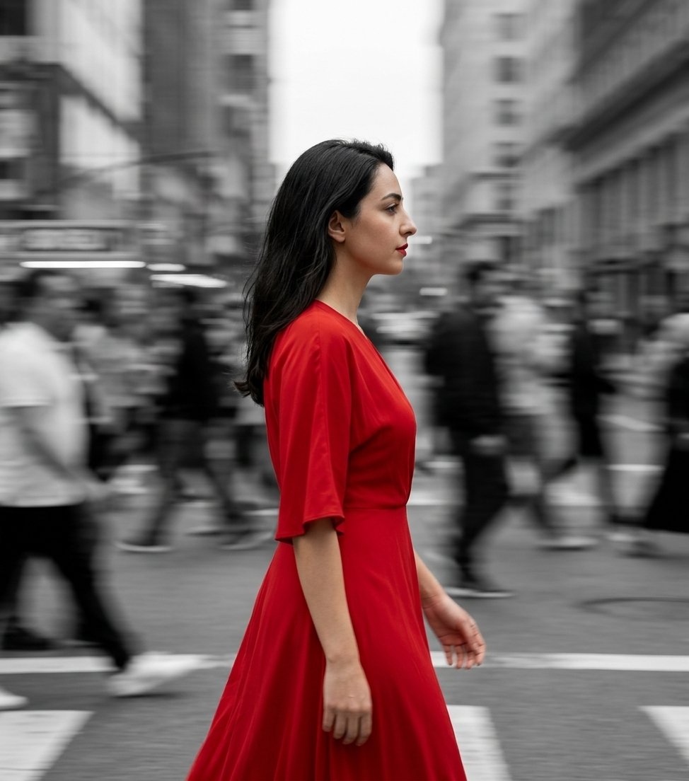 Tou7ami's tweet photo. Prompt 🖼⤵️

Use the uploaded image as the ONLY face and identity reference. Strict Face Lock: preserve the exact facial structure, proportions, skin tone, hairstyle, and all unique facial features with no identity drift.

Create a cinematic street portrait of a gender-neutral person walking through a busy city crowd. The subject is perfectly sharp while the surrounding pedestrians dissolve into dramatic horizontal motion blur (panning effect), creating a strong sense of movement and isolation.

The outfit is modern, stylish, and different each generation, with freely changing colors. Apply a selective color effect: the entire scene is monochrome black and white except for the clothing, which remains the only vibrant color in the frame.

Side profile, 50mm lens, shallow depth of field, natural overcast light, realistic skin texture, subtle expression, soft cinematic contrast, HDR, ultra-photorealistic, editorial fashion photography, Leica look, Kodak Portra tones, crisp facial details, long-exposure motion blur, minimal composition, premium fine-art street photography, 8K.

Camera: Sony A7R V, 50mm f/1.4, f/1.8, ISO 100, 1/15s, eye-level composition, natural ambient light.