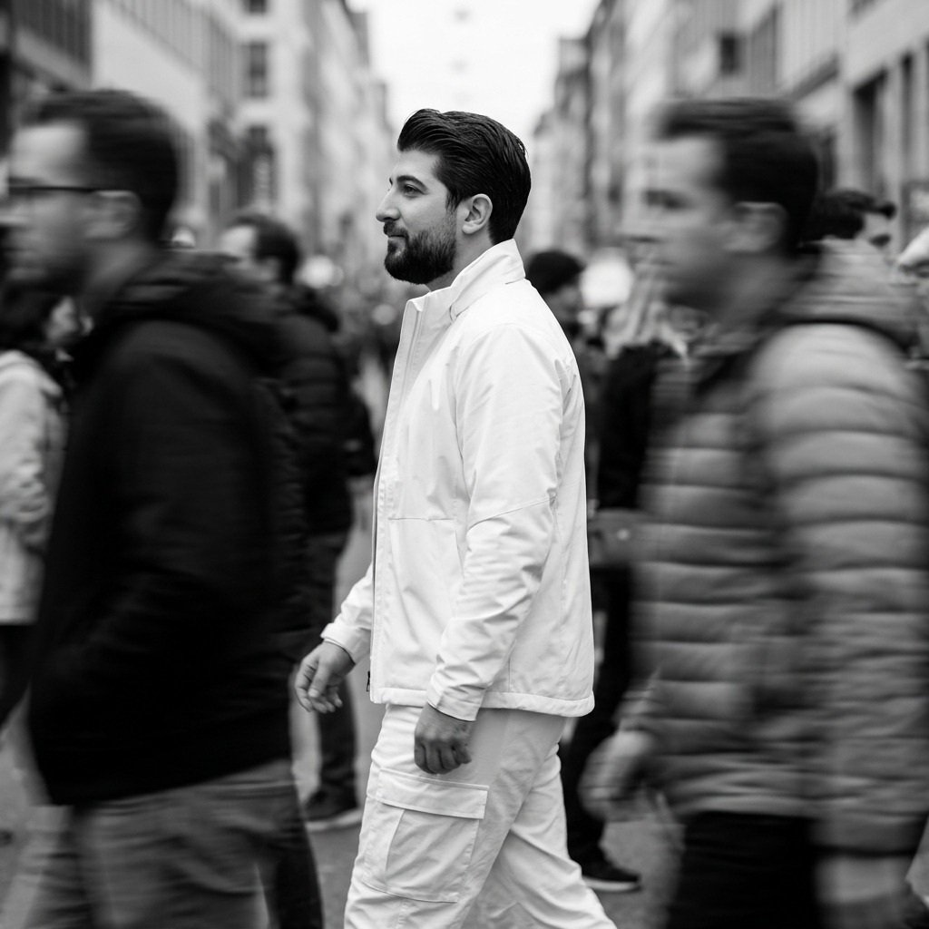 Tou7ami's tweet photo. Prompt 🖼⤵️

Use the uploaded image as the ONLY face and identity reference. Strict Face Lock: preserve the exact facial structure, proportions, skin tone, hairstyle, and all unique facial features with no identity drift.

Create a cinematic street portrait of a gender-neutral person walking through a busy city crowd. The subject is perfectly sharp while the surrounding pedestrians dissolve into dramatic horizontal motion blur (panning effect), creating a strong sense of movement and isolation.

The outfit is modern, stylish, and different each generation, with freely changing colors. Apply a selective color effect: the entire scene is monochrome black and white except for the clothing, which remains the only vibrant color in the frame.

Side profile, 50mm lens, shallow depth of field, natural overcast light, realistic skin texture, subtle expression, soft cinematic contrast, HDR, ultra-photorealistic, editorial fashion photography, Leica look, Kodak Portra tones, crisp facial details, long-exposure motion blur, minimal composition, premium fine-art street photography, 8K.

Camera: Sony A7R V, 50mm f/1.4, f/1.8, ISO 100, 1/15s, eye-level composition, natural ambient light.