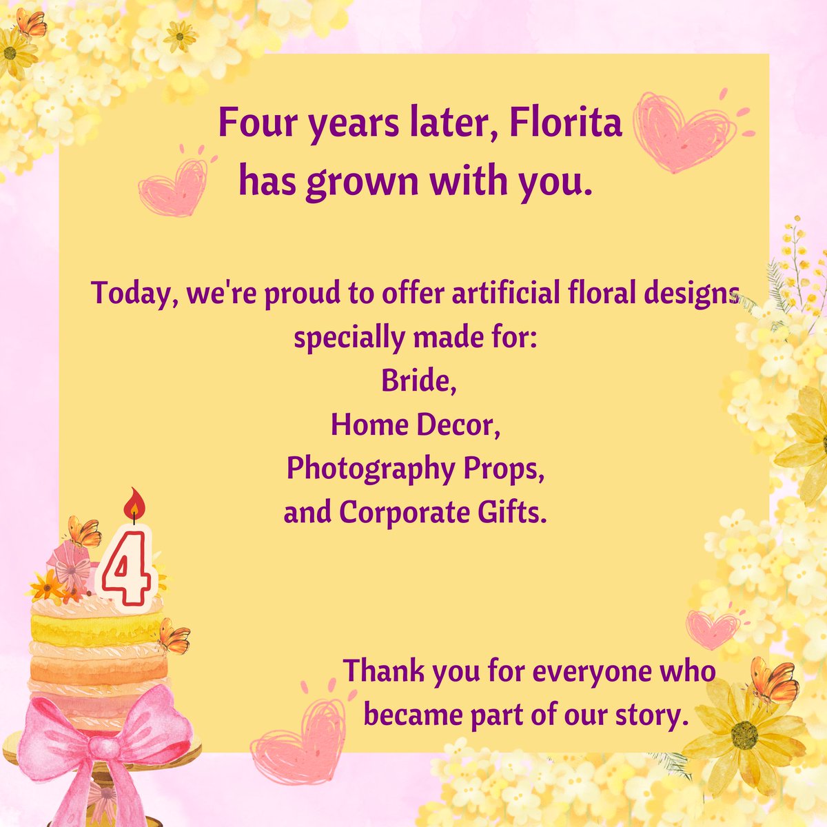 AbstractArt97's tweet photo. 4 Years of Florita 🎀🎂
الحمد لله علي كل حال، 
٤ سنين من النعم والحب، شكراا من القلب لكل عميل وثق فينا وبقينا جزء من ذكرياته المميزة. ❤️❤️❤️❤️❤️ https://t.co/5gY0oAENBW