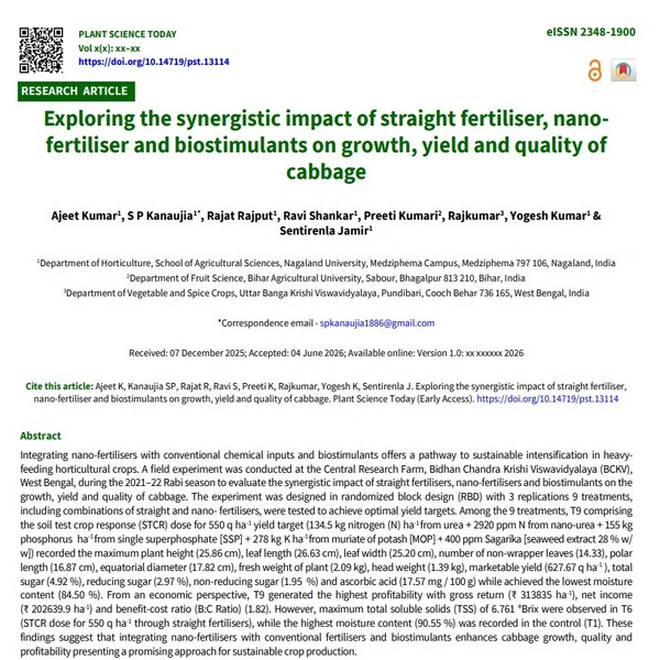 PlantSciToday's tweet photo. Exploring the synergistic impact of straight fertiliser, nano-fertiliser and biostimulants on growth, yield and quality of cabbage - https://t.co/cxGSqoGEWp https://t.co/UGKmQEP7nn