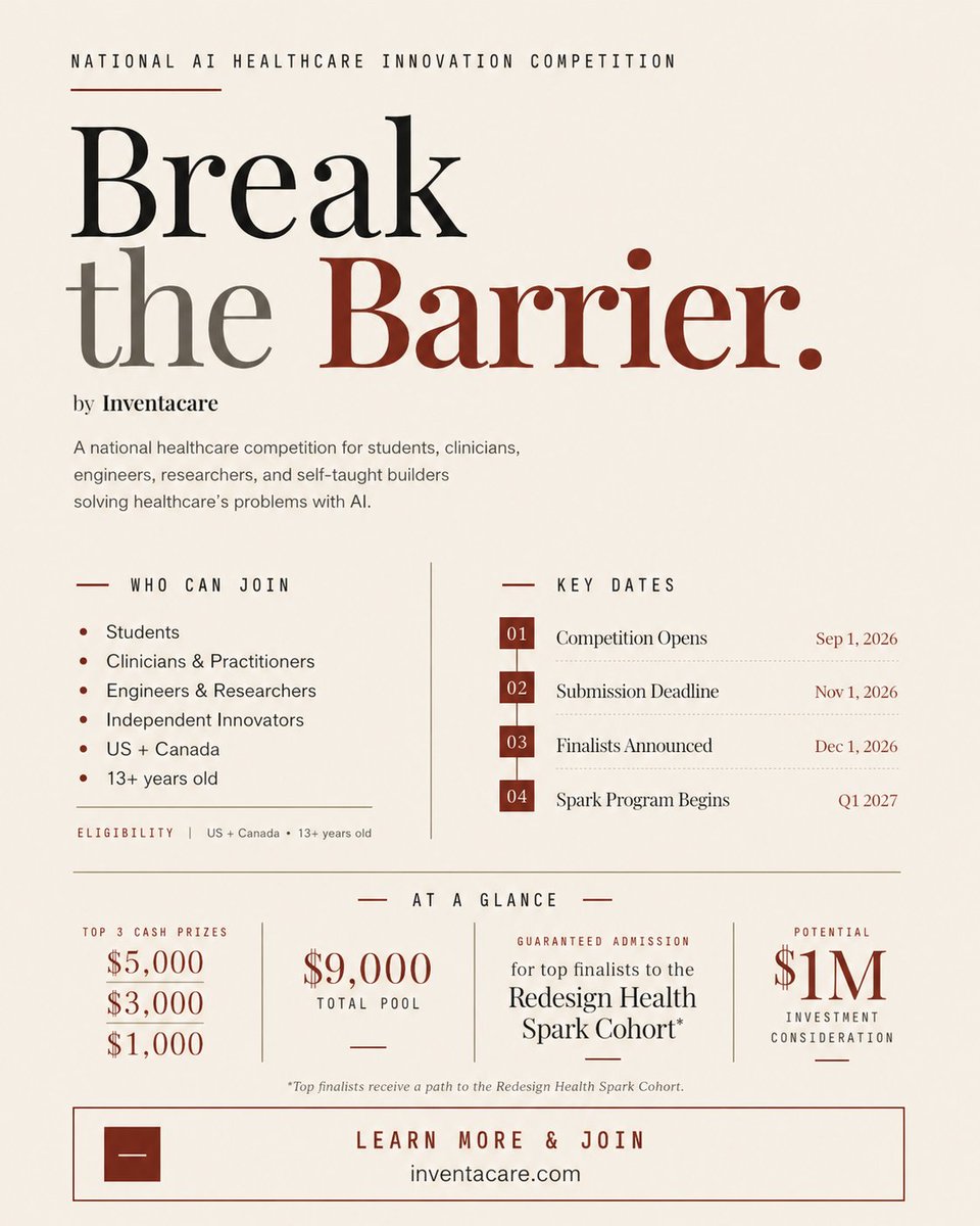 startupfiu's tweet photo. Break the Barrier with Inventacare.

The National AI Healthcare Innovation Competition is open to students, clinicians, engineers, researchers, and independent innovators ready to solve real healthcare challenges with AI.

Learn more and join at https://t.co/P7Wd3BbXyo https://t.co/ClvHxfpfPa