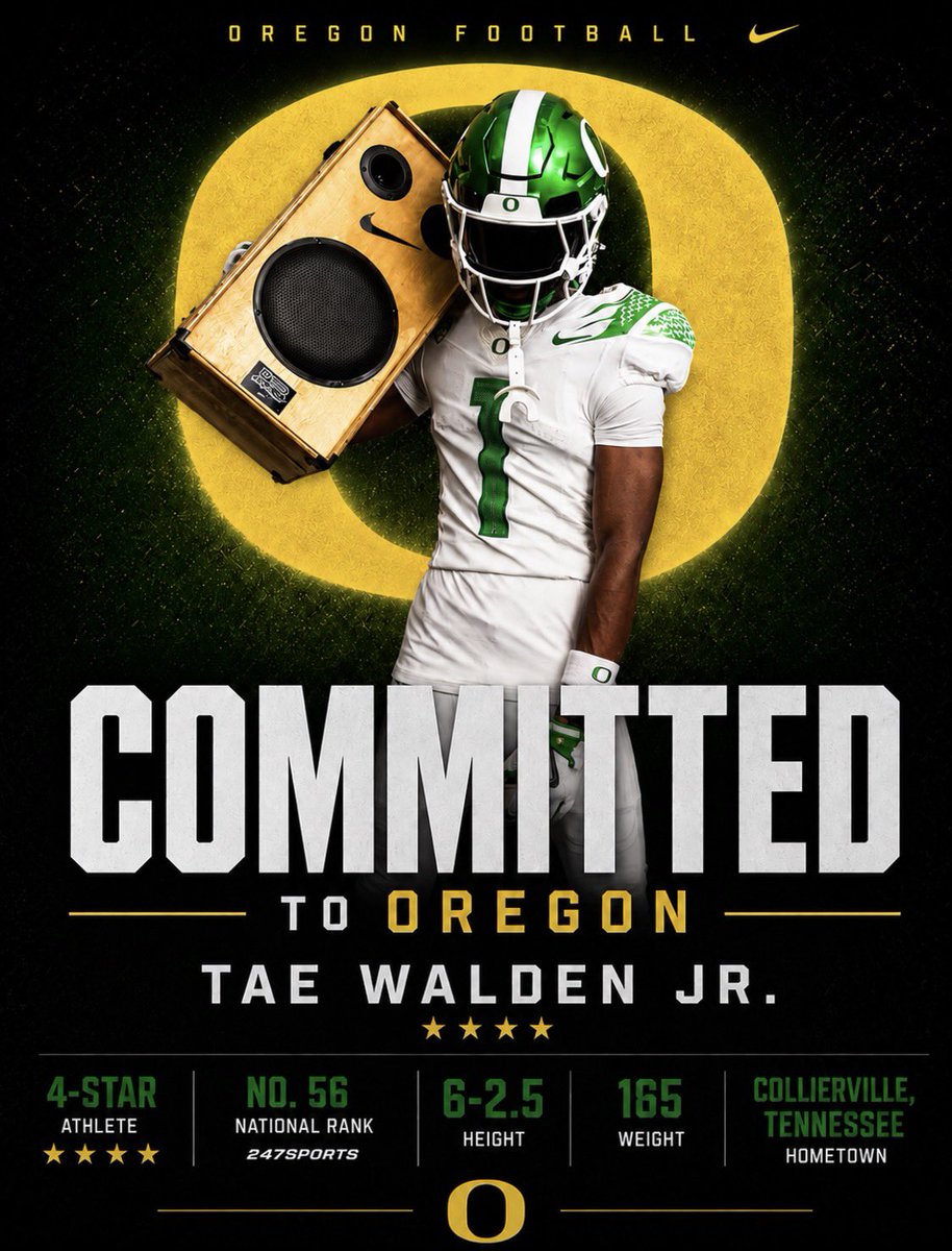 oregon__updates's tweet photo. QUAAACK! Elite 4-Star CB/ATH Tae Walden Jr. (@Erikwaldenjr) has committed to Oregon! 🦆 

Chose the Ducks over, LSU, Auburn, Ole Miss, Georgia, + more.

HUGE pull 🦆 https://t.co/LfoXhUSNgJ