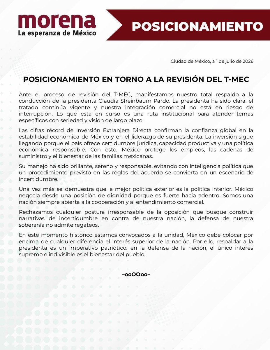 PartidoMorenaMx's tweet photo. 📰 El CEN de Morena comparte el siguiente posicionamiento:

POSICIONAMIENTO EN TORNO A LA REVISIÓN DEL T-MEC https://t.co/8HKxBzZpHV