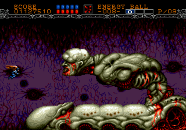 MatthewTheStoat's tweet photo. The strange and grotesque world of Gynoug (also called Wings of Wor) on the sega megadrive. https://t.co/2iWdTZ4LNX