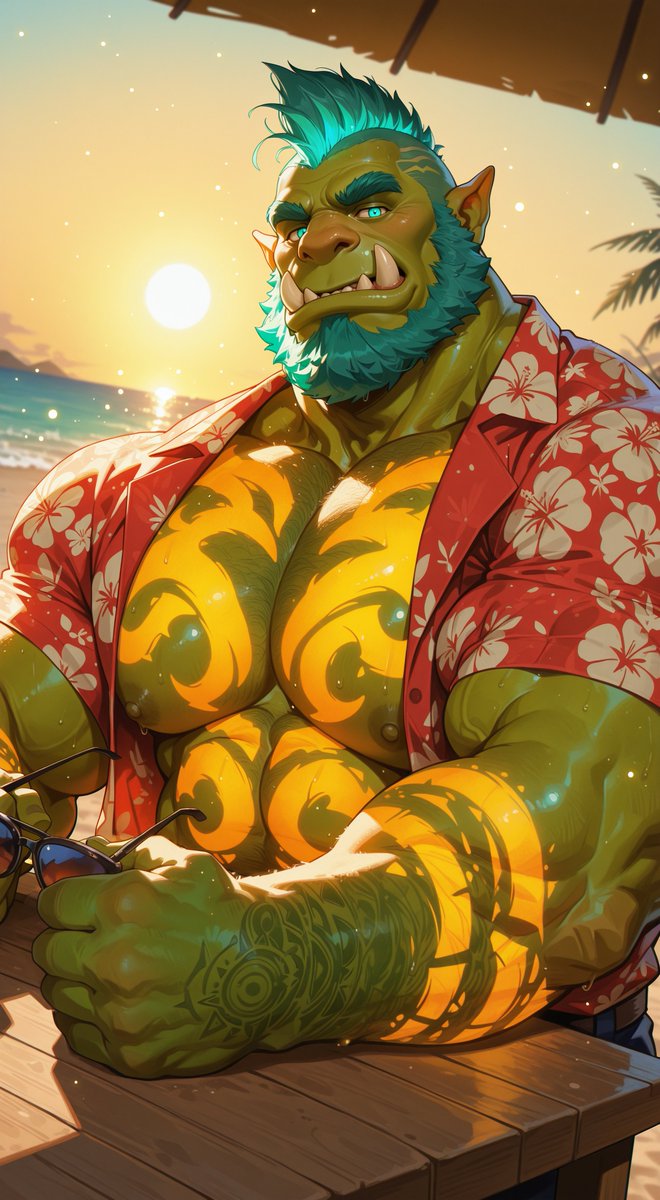 Grokhar12's tweet photo. He's on vacation and showing those muscles off.

#NSFW #GenAI #AIart #Bara #orc https://t.co/FlJjIx6dNd