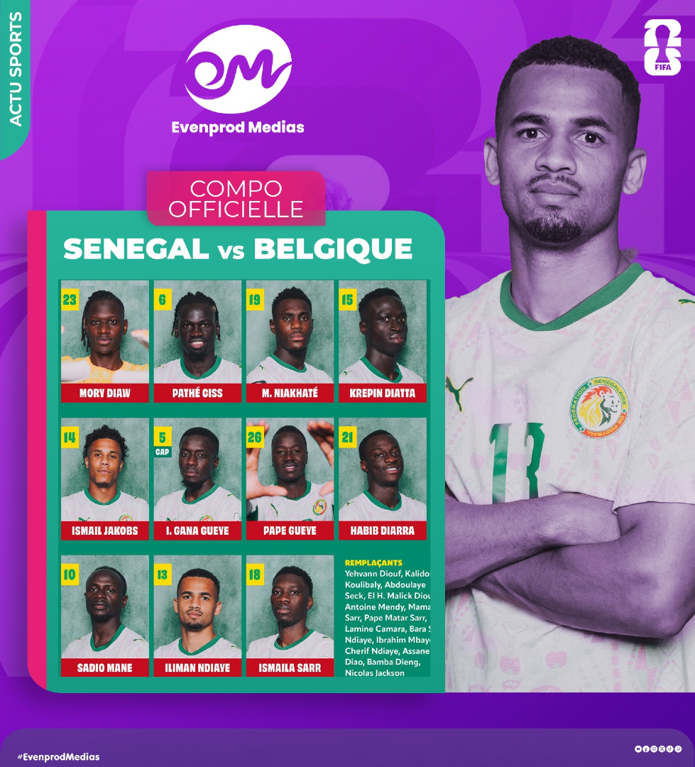 EvenProdMedia's tweet photo. La composition officielle du Sénégal :
🧤 Diaw
🛡️ Diatta • Niakhaté • Ciss • Jakobs
⚙️ Gana • P. Gueye • H. Diarra
⚡ Sarr • Ndiaye • Mané (C)
💥 Kalidou Koulibaly démarre sur le banc !
Pathé Ciss glisse en charnière centrale.
Choix tactique ultra-fort de Pape Thiaw. https://t.co/COIgged0bJ