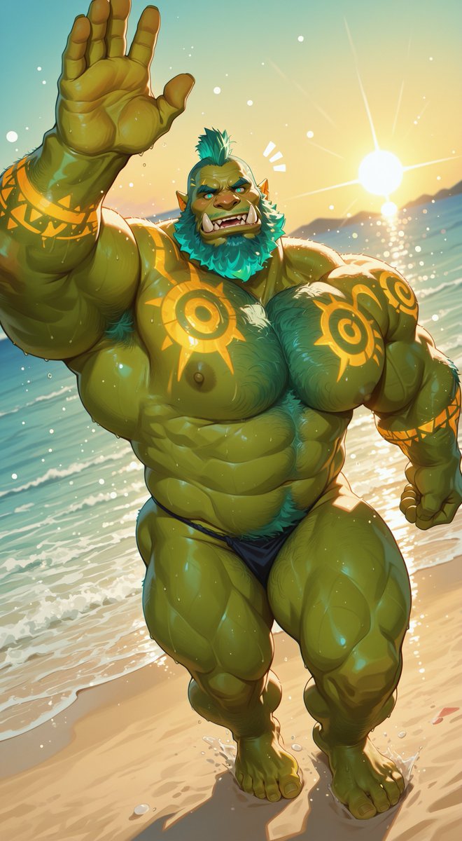 Grokhar12's tweet photo. He's on vacation and showing those muscles off.

#NSFW #GenAI #AIart #Bara #orc https://t.co/FlJjIx6dNd