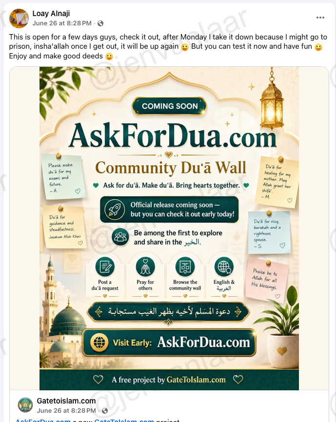jenvanlaar's tweet photo. Here's what Paul Kessler's killer, Loay Alnaji, is up to now. In this June 26 Facebook post he pimps his new business, "https://t.co/asPN4IH391" and jokes that he might take it down "because I might go to prison" but "insha'allah once I get out, it will be up again."

Kessler is denied any ability to try something new, since Alnaji decided to assault Kessler for having the audacity to be upset that Hamas killed babies.