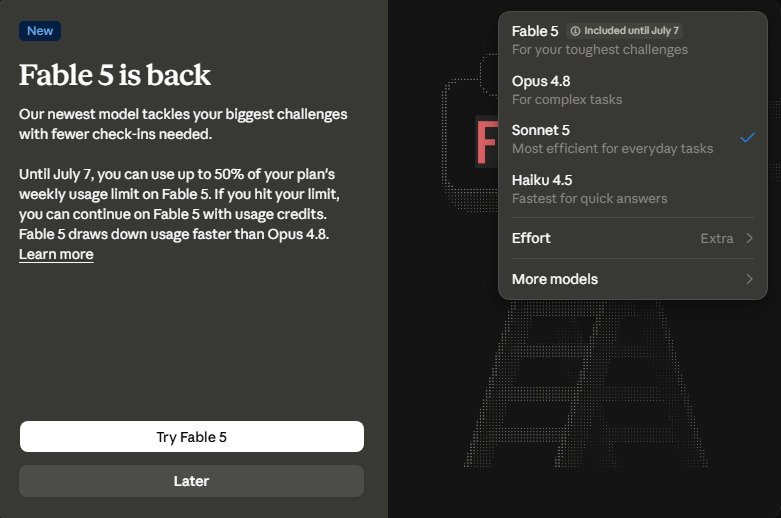 openmodelsai's tweet photo. Claude Fable 5 is back!

> NEW Fable usage limit.

> Until July 7, you can use up to 50% of your plan's weekly usage limit on Fable 5. If you hit your limit, you can continue on Fable 5 with usage credits. https://t.co/VfXNtxzgY8