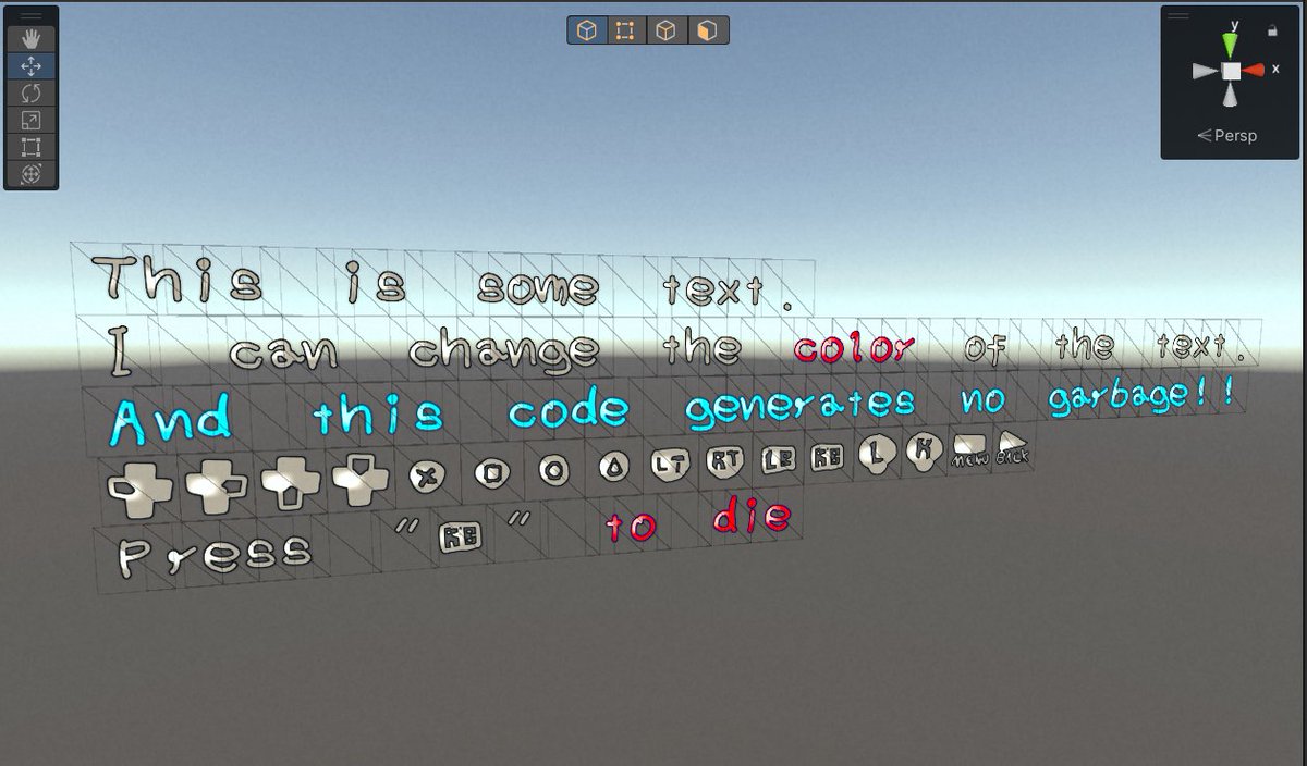 TheDanieru's tweet photo. Programming another custom bitmap text component for my game instead of using TMPro.

This code preallocates a mesh with a fixed number of quads and changes its vertices, UVs and vertex colors when the text changes. It also uses a single material.

Font is placeholder lol https://t.co/rCtTZ9A5Jv