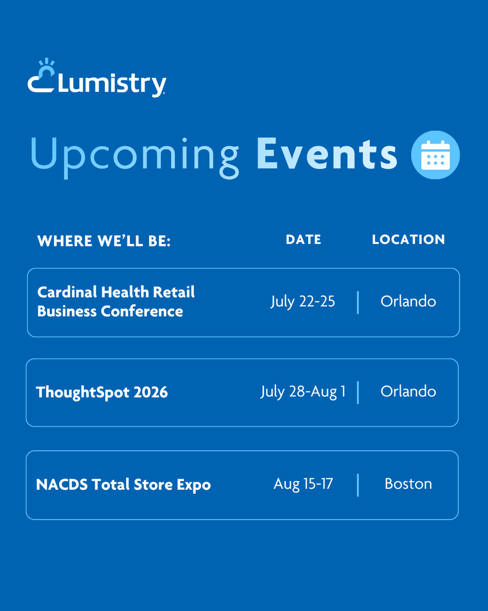 lumistry_'s tweet photo. Where will we see you next? 👋

Our upcoming trade show schedule is here! If you're attending any of these events, be sure to stop by the Lumistry booth. 

See you soon!

#CardinalHealthRBC #RBC2026 #ThoughtSpot2026 #NACDSTSE2026 https://t.co/Ws6m2X5JVc