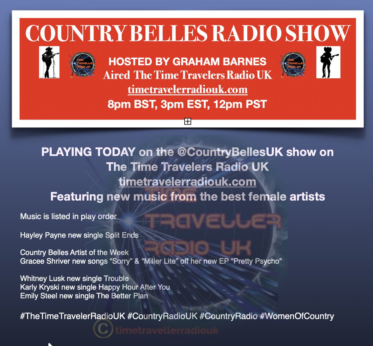 ScottKash88's tweet photo. NOW PLAYING on the @CountryBellesUK show on Time Traveler Radio UK
https://t.co/ZzWiNUgY6X
Featuring new music from the best female artists
@HayleyPMusic
@Graceeshriver
@whitluskmusic
@KarlyKryski
#EmillySteel
#CountryRadioUK #CountryRadio #WomenOfCountry https://t.co/1maA4N2TQZ