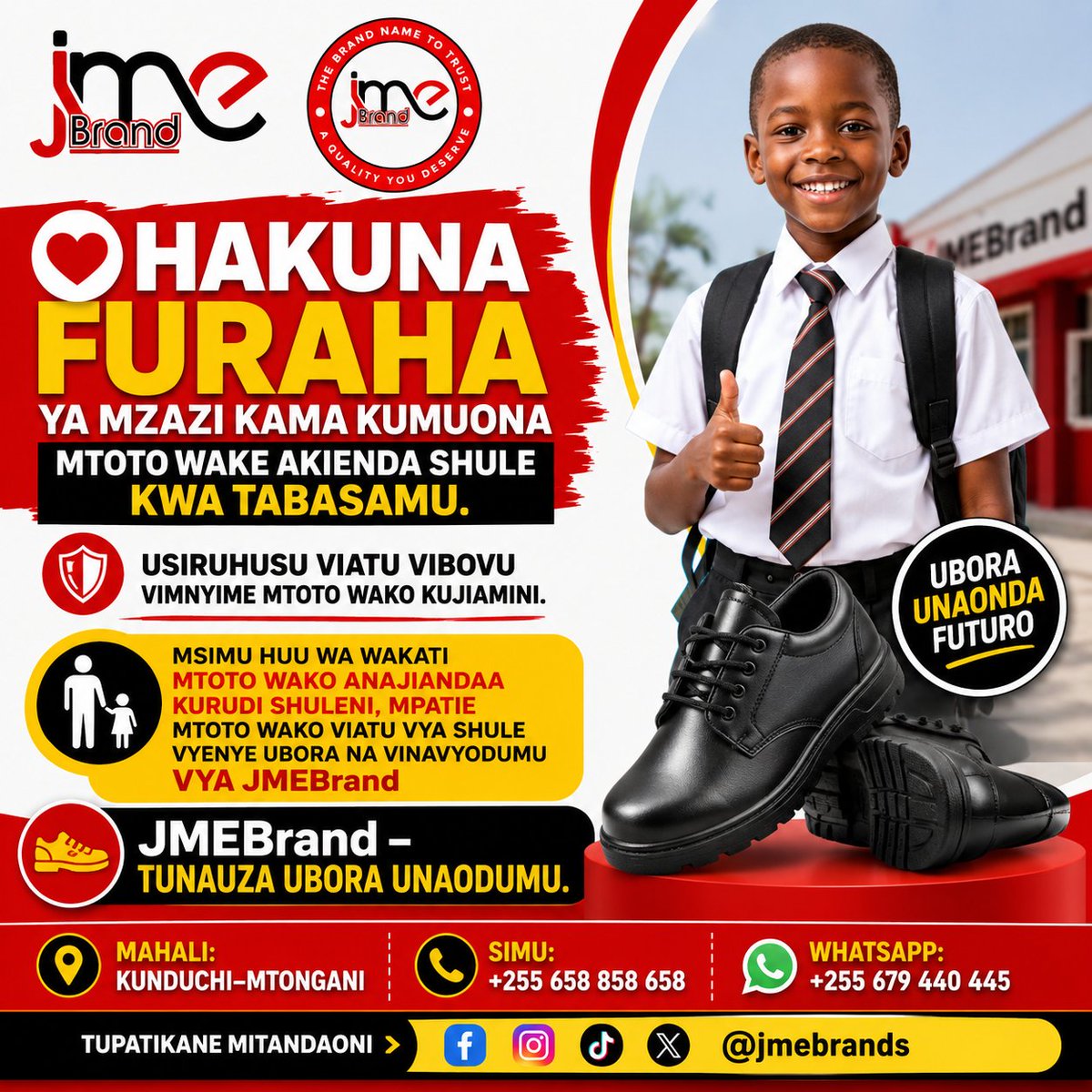jmebrands's tweet photo. Mpatie Mtoto wako FURAHA ambayo inaamsha upya hali yake ya kutaka kujifunza kwa kumpatia Viatu vizuri na imara vya Shule ambavyo ni Ngozi halisi vyenye ubora, muonekano mzuri, uimara na kudumu kwa muda mrefu. https://t.co/UfKgwGLz2d