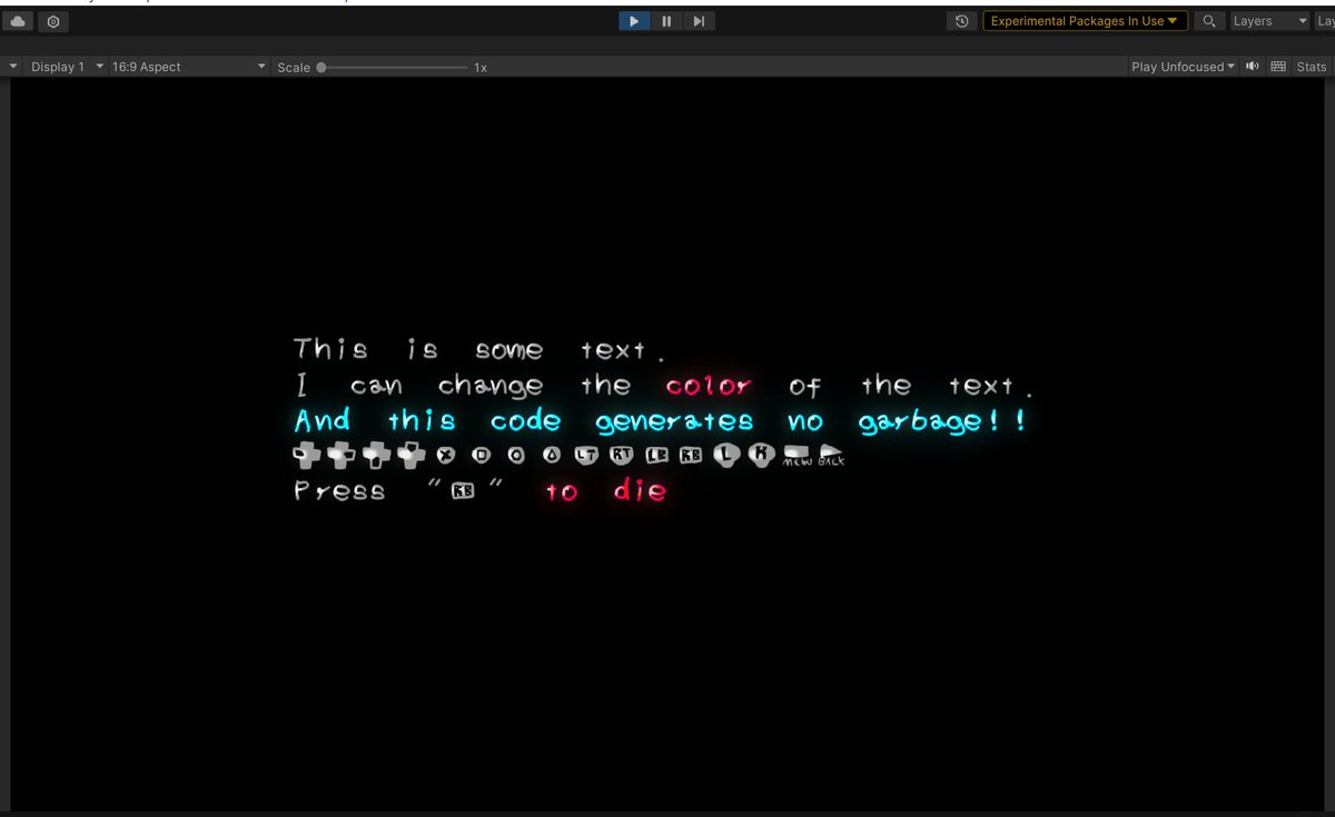 TheDanieru's tweet photo. Programming another custom bitmap text component for my game instead of using TMPro.

This code preallocates a mesh with a fixed number of quads and changes its vertices, UVs and vertex colors when the text changes. It also uses a single material.

Font is placeholder lol https://t.co/rCtTZ9A5Jv