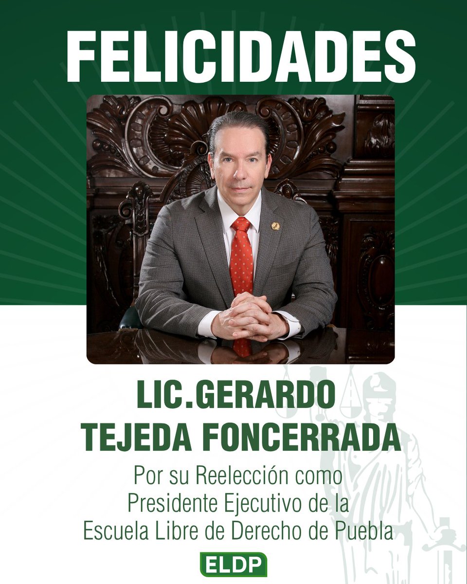 ELDPuebla's tweet photo. La ELDP y toda la Comunidad Libre felicitan al Lic. Gerardo Tejeda Foncerrada por su reelección como Presidente Ejecutivo de nuestra institución para el periodo 2026 - 2030.
¡Muchas felicidades!
#ComunidadLibre #ELDPuebla https://t.co/4ysgSNyHwX