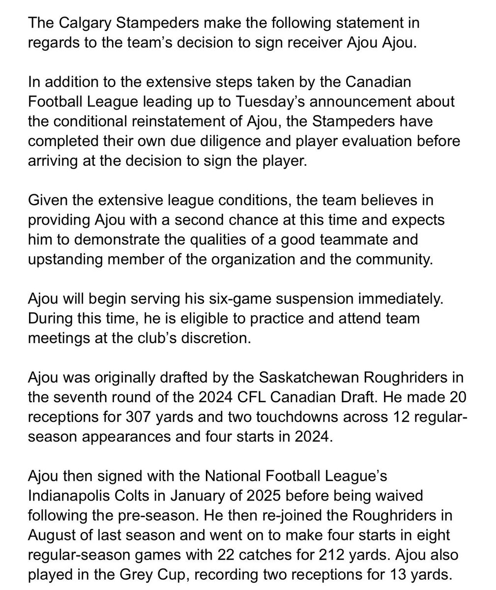 Stampeders1945's tweet photo. Calgary Stampeders have signed former Saskatchewan Roughriders receiver Ajou Ajou. He was suspended by the CFL and will have to serve a six-game league suspension before he can play in games. https://t.co/dmDwtR6ol2