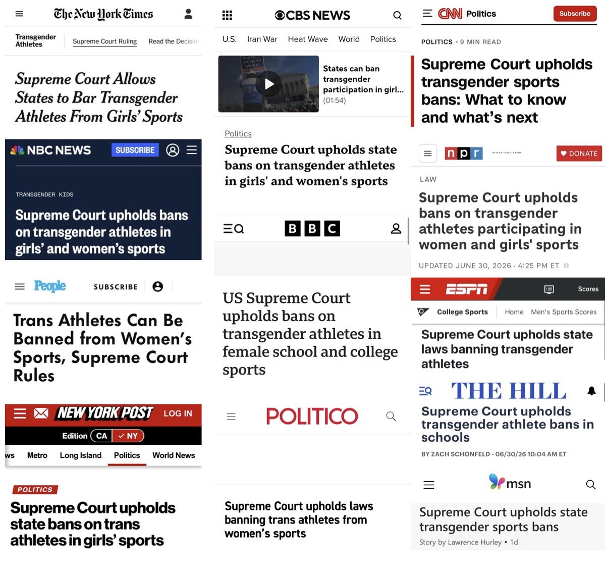 JenniferSey's tweet photo. In the wake of the SCOTUS ruling on women's sports, it is more than a little worth noting that the entire narrative (from advocacy orgs, mainstream media and Democrat leaders) was centered on the supposed harm to boys who identify as girls. 

No one noted it as a major civil rights win for women and girls. Pathetic.
