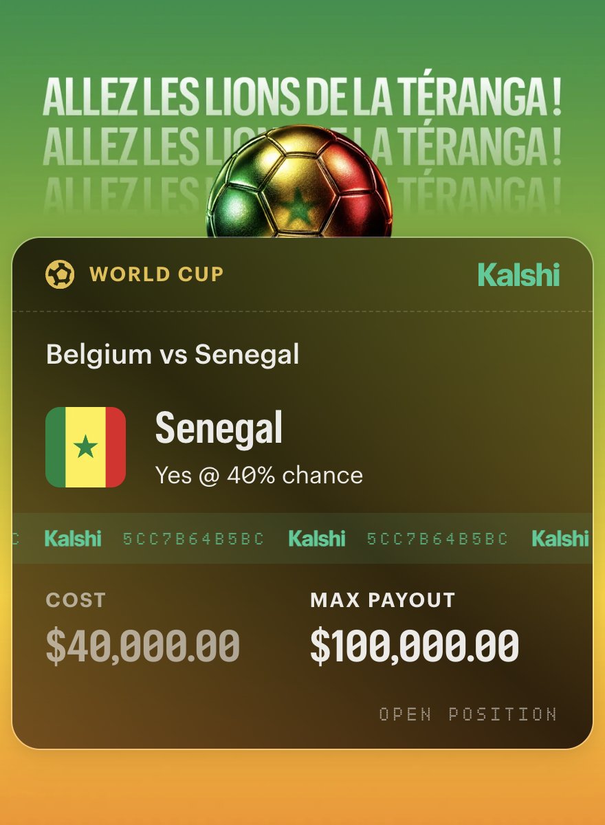 KalshiFC's tweet photo. BREAKING: Someone just put $40,000 on Senegal to WIN vs Belgium today

$100,000 potential payout https://t.co/t2fggJzlWS