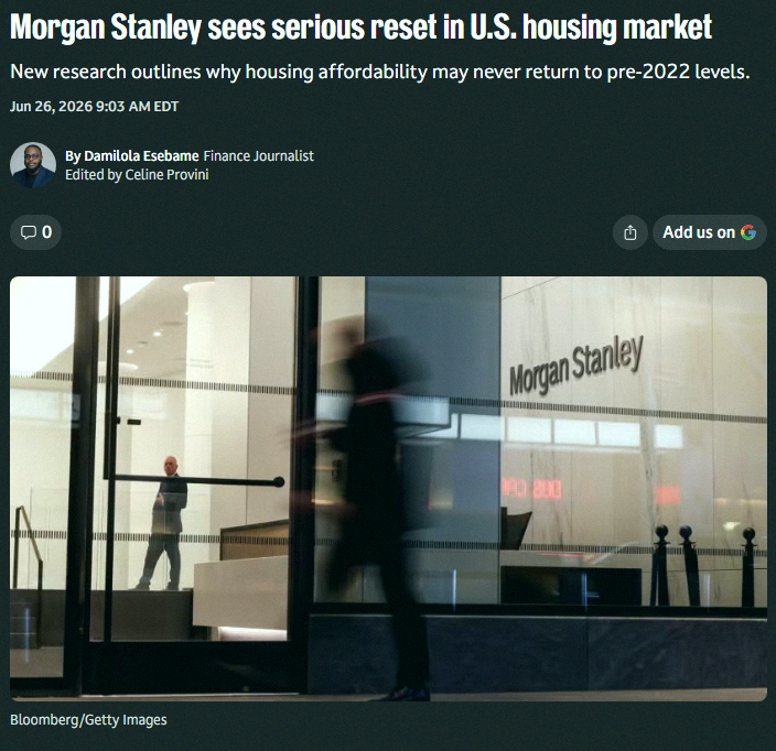 yu_ko1107's tweet photo. Big news 🚨: The U.S. housing market is in trouble. Morgan Stanley says we might never get affordable homes again. That's wild and pretty heartbreaking. 🤯😢 https://t.co/oJ9Ysbm9Ju